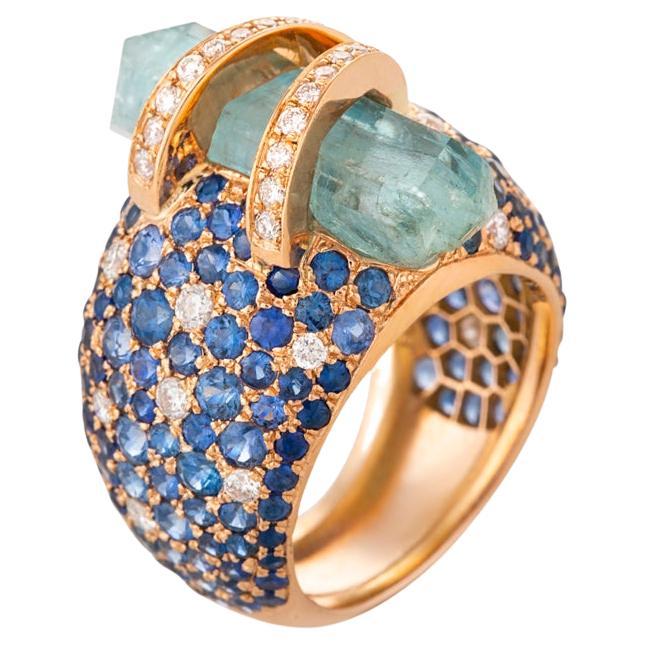 Clara Chehab's Aquamarine, Sapphire and Diamond Bombee Ring For Sale