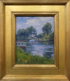 Springtime on the River, Oil on Canvas Landscape with River Boats