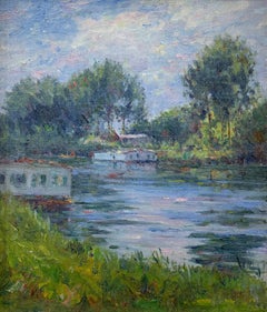 Springtime on the River, Oil on Canvas Landscape with River Boats