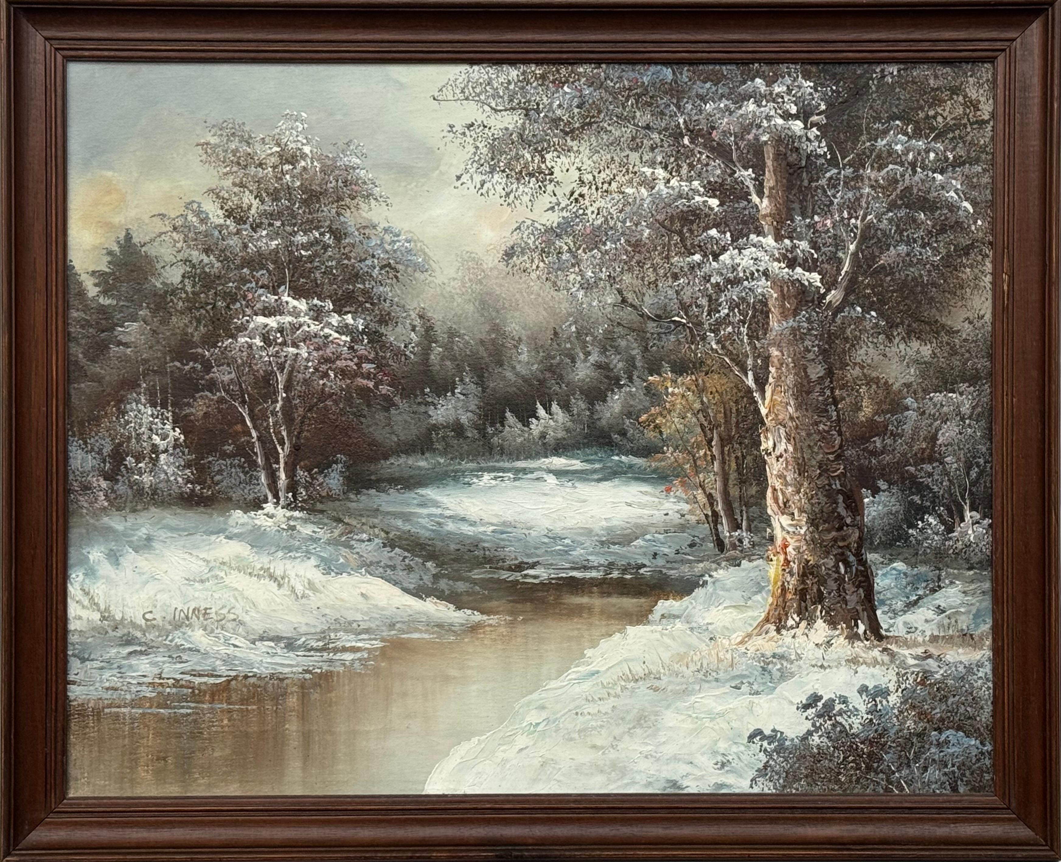 Clara Davis Inness Figurative Painting - Winter Forest Landscape - Antique Oil Painting by 19th Century American Artist