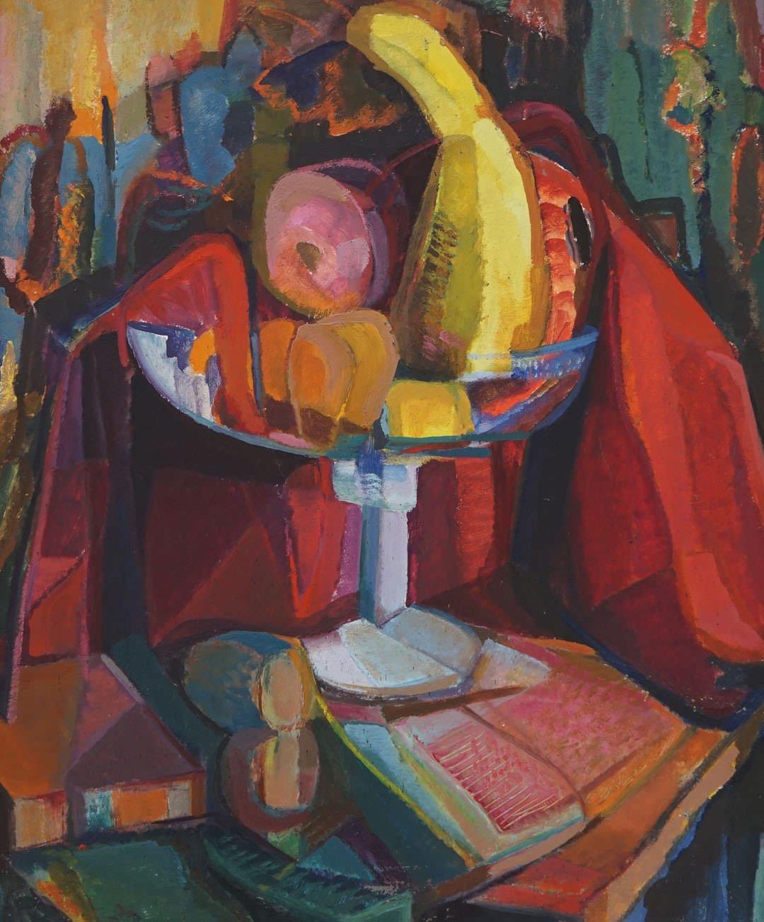Blue Table Still Life, early 20th century vibrant oil painting, Cleveland School - Painting by Clara Deike