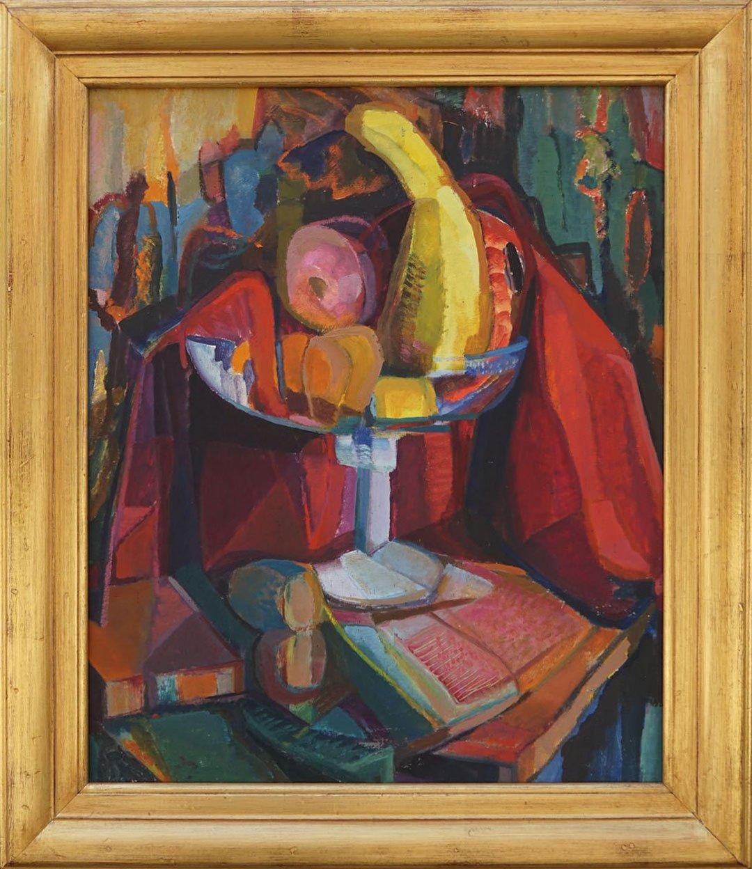 Nature morte de table bleue, peinture à l'huile vibrante du début du 20e siècle, école de Cleveland