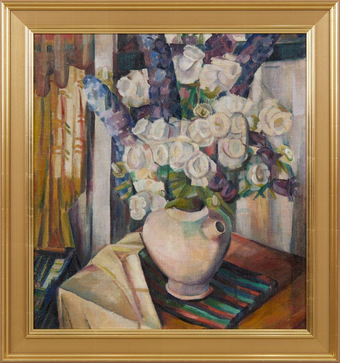Nature morte florale aux cloches de Canterbury, femme artiste cubiste, école de Cleveland - Painting de Clara Deike