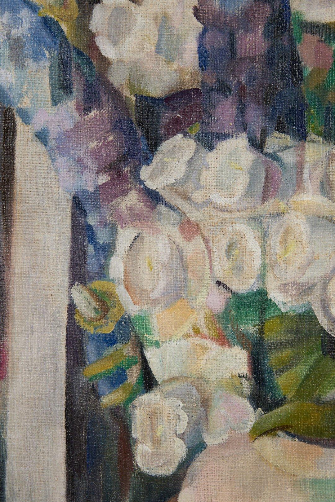 Nature morte florale aux cloches de Canterbury, femme artiste cubiste, école de Cleveland - Cubisme Painting par Clara Deike