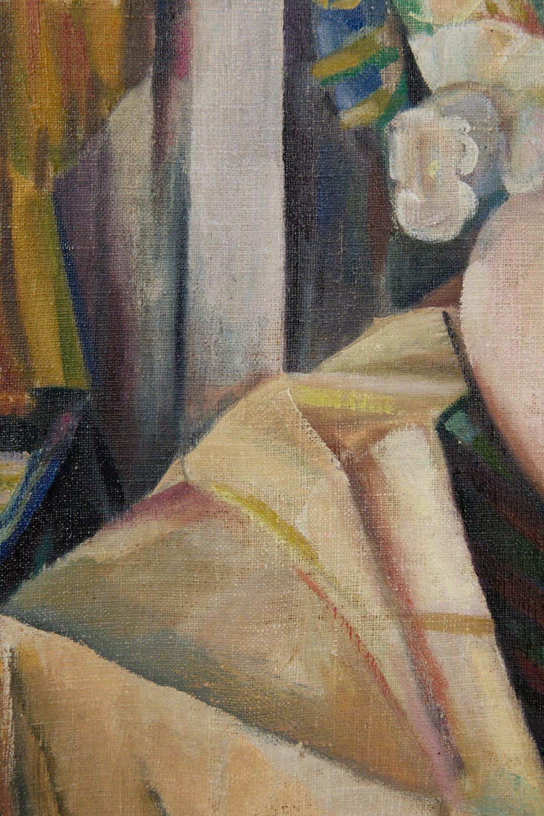 Nature morte florale aux cloches de Canterbury, femme artiste cubiste, école de Cleveland - Marron Figurative Painting par Clara Deike