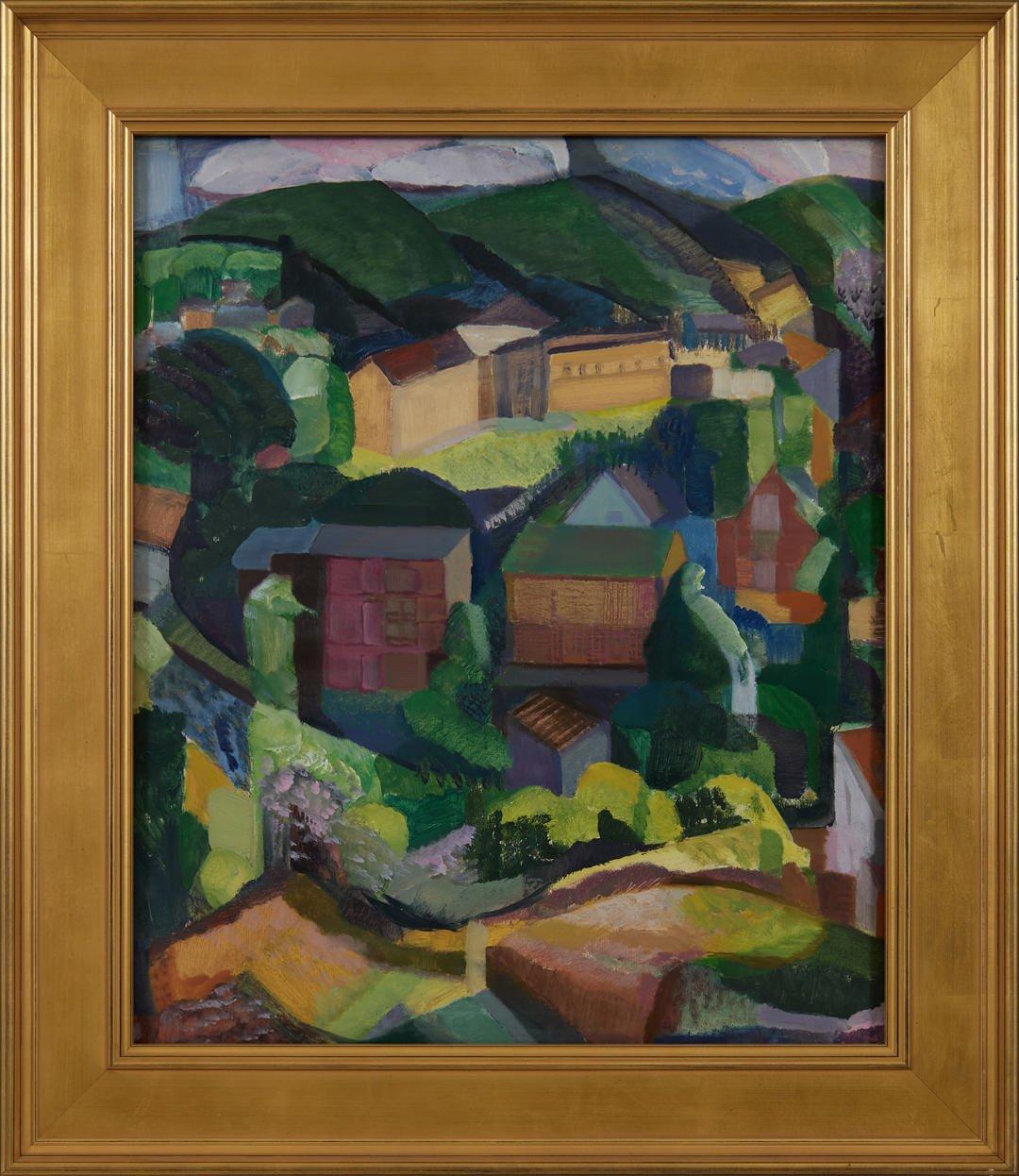 Gloucester Houses & Backyards, farbenfrohe kubistische Landschaft, weibliche Künstlerin, um 1935 – Painting von Clara Deike