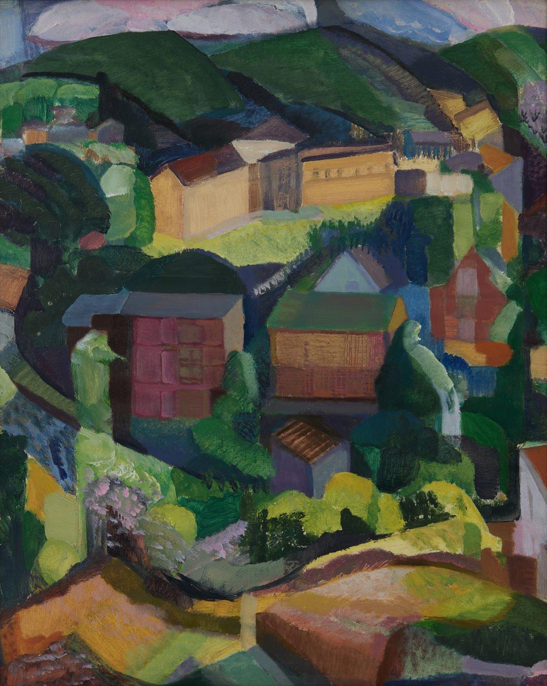 Clara Deike Figurative Painting – Gloucester Houses & Backyards, farbenfrohe kubistische Landschaft, weibliche Künstlerin, um 1935