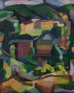 Gloucester Houses & Backyards, c. 1935 colorful cubist landscape, female artist