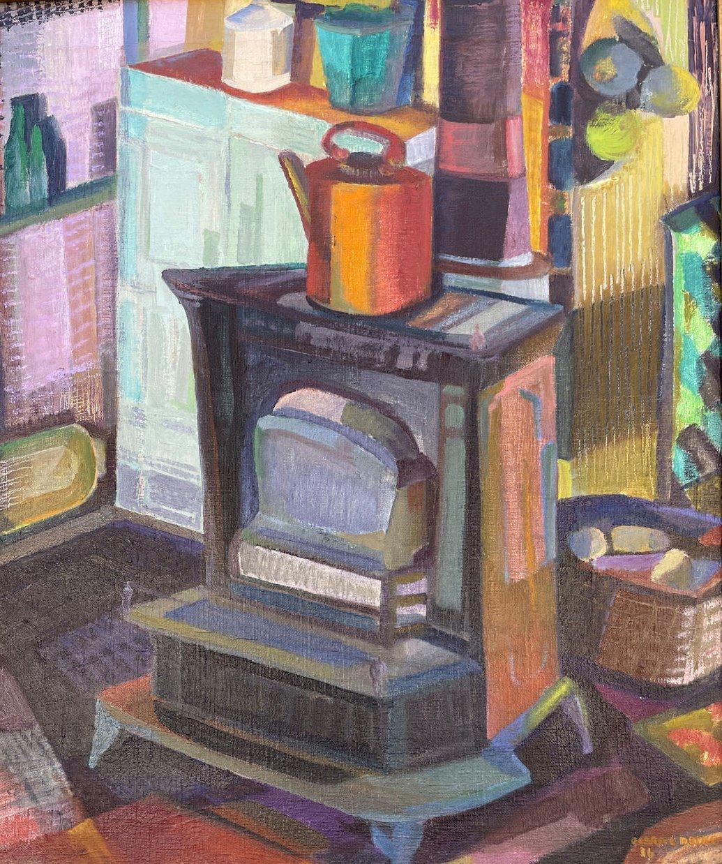Studio Stove, Buntes kubistisches Ölgemälde, Künstlerin aus der Cleveland School – Painting von Clara Deike