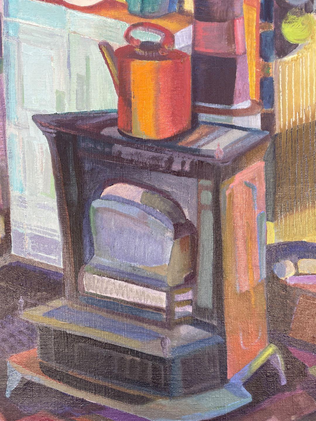 Studio Stove, Buntes kubistisches Ölgemälde, Künstlerin aus der Cleveland School (Kubismus), Painting, von Clara Deike