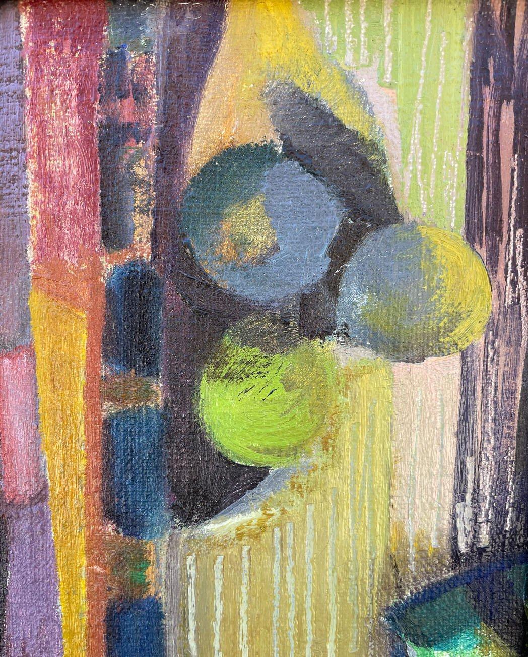 Studio Stove, Buntes kubistisches Ölgemälde, Künstlerin aus der Cleveland School (Braun), Figurative Painting, von Clara Deike