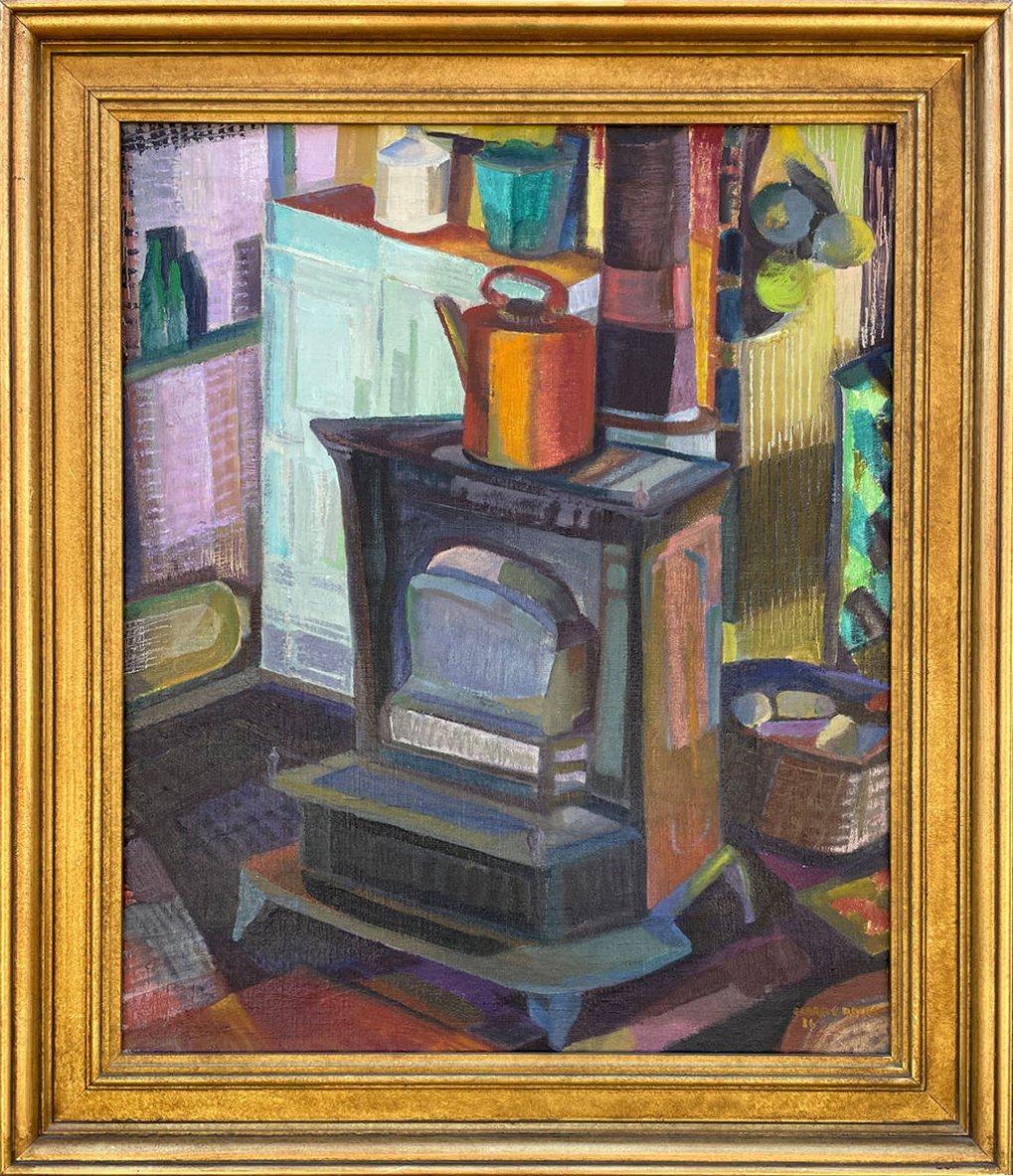 Clara Deike Figurative Painting – Studio Stove, Buntes kubistisches Ölgemälde, Künstlerin aus der Cleveland School