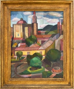 Vintage View from Palace at Cortez, CUernavaca, Mexico, cubist 1930 painting