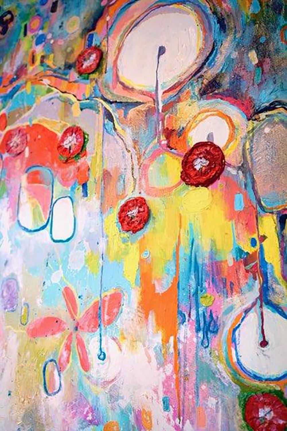 Walking through a Rose Garden Naked - Beige Abstract Painting by Clara Fialho