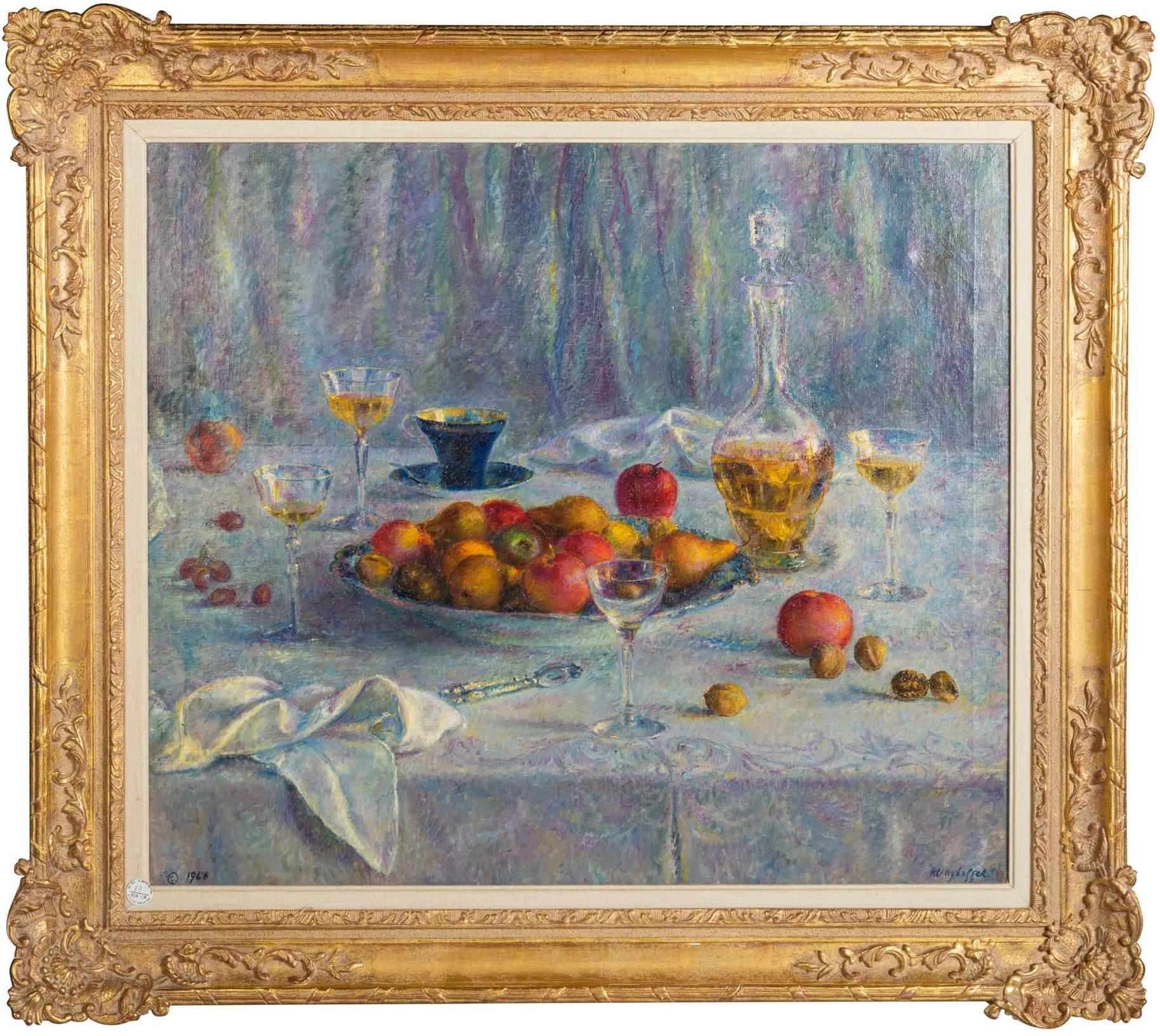 Clara Klinghoffer (1900-1972)
Still life of fruit set upon a table.
Oil on canvas
Signed Klinghoffer, lower right, dated 1969, lower left.
Size with frame
Height 36.5 in. (92.71 cm.)
Width 41.25 in. (104.77 cm.)
Canvas sight size
Height