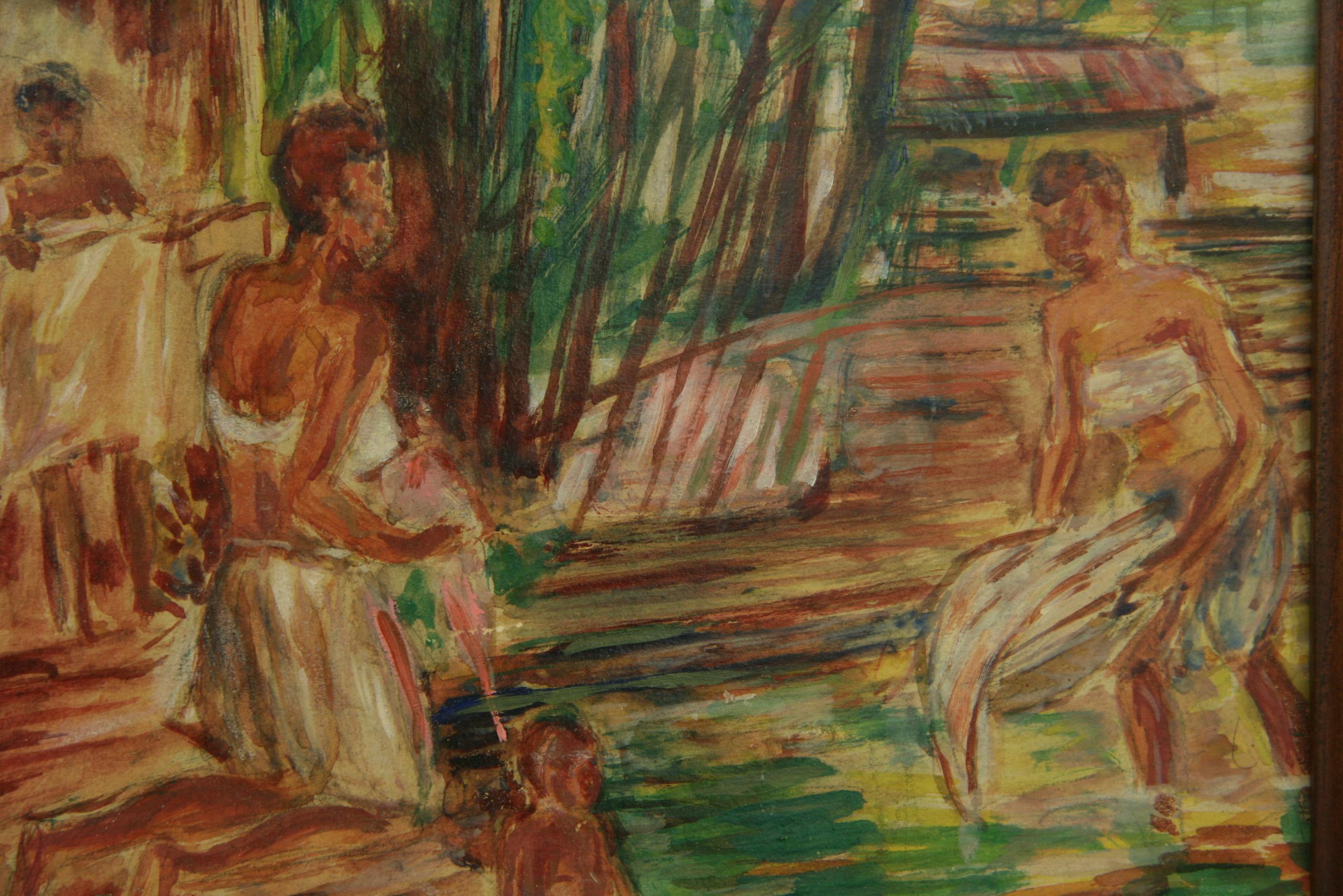 Antique French  Bagnanti alla corrente Paesaggio figurativo - Landscape Painting Marrone di Clara L. Strong