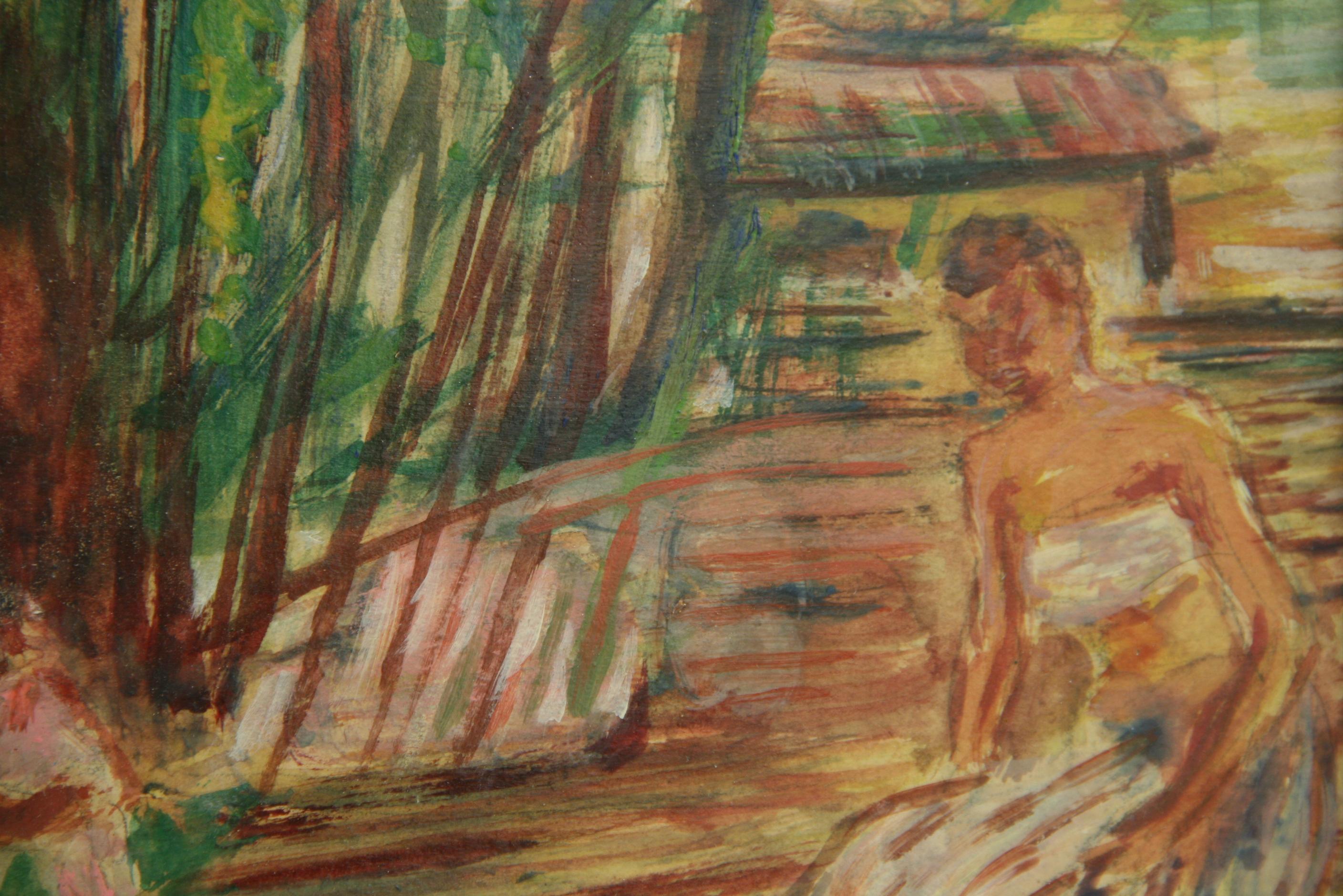 Antique French  Bagnanti alla corrente Paesaggio figurativo in vendita 1