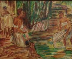Bathers at the Stream Antique Figurative Landscape Painting, 9.5x7.5"