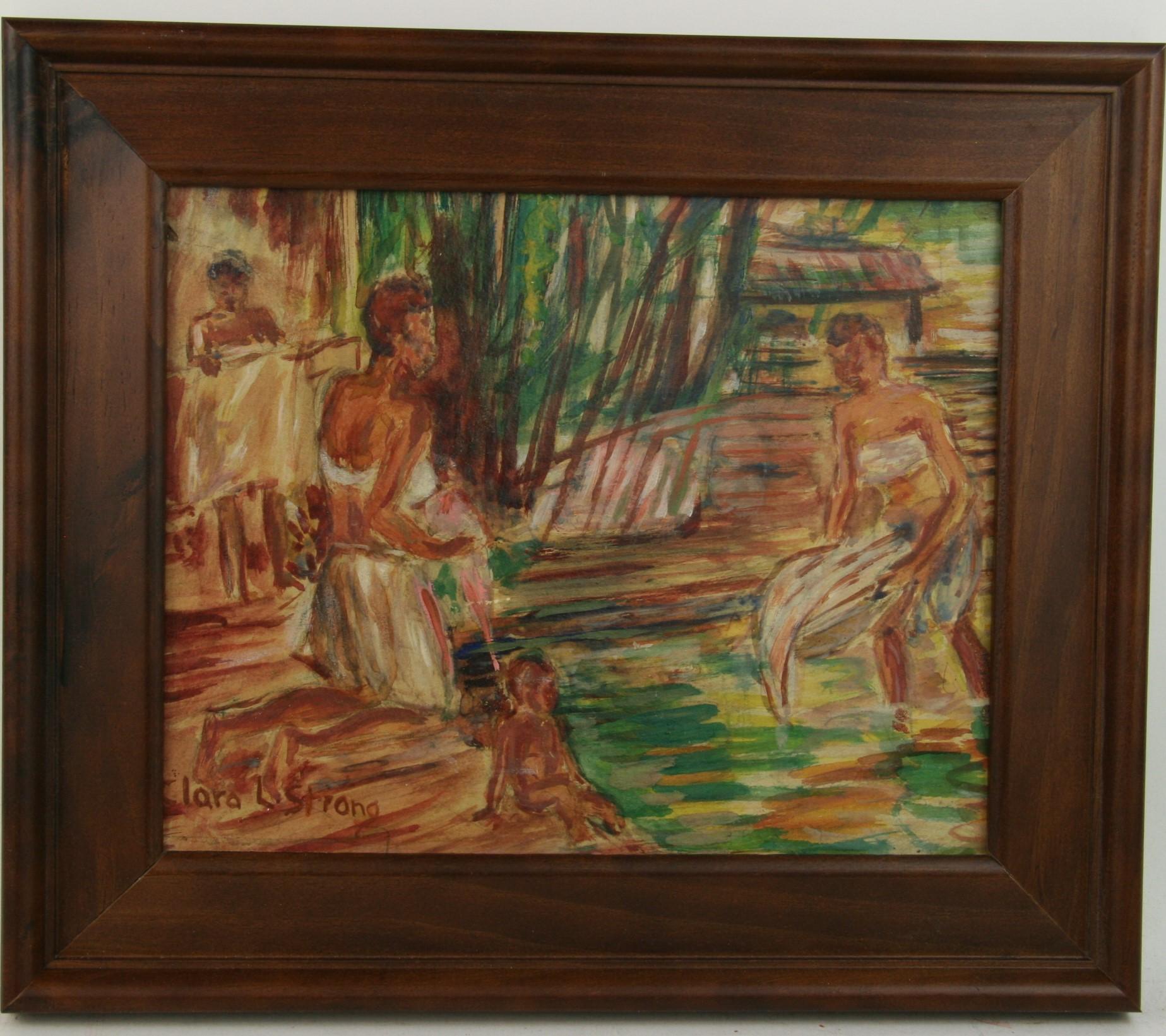 Clara L. Strong Figurative Painting - Antique Scandinavian Bathers at the Stream Figurative Landscape