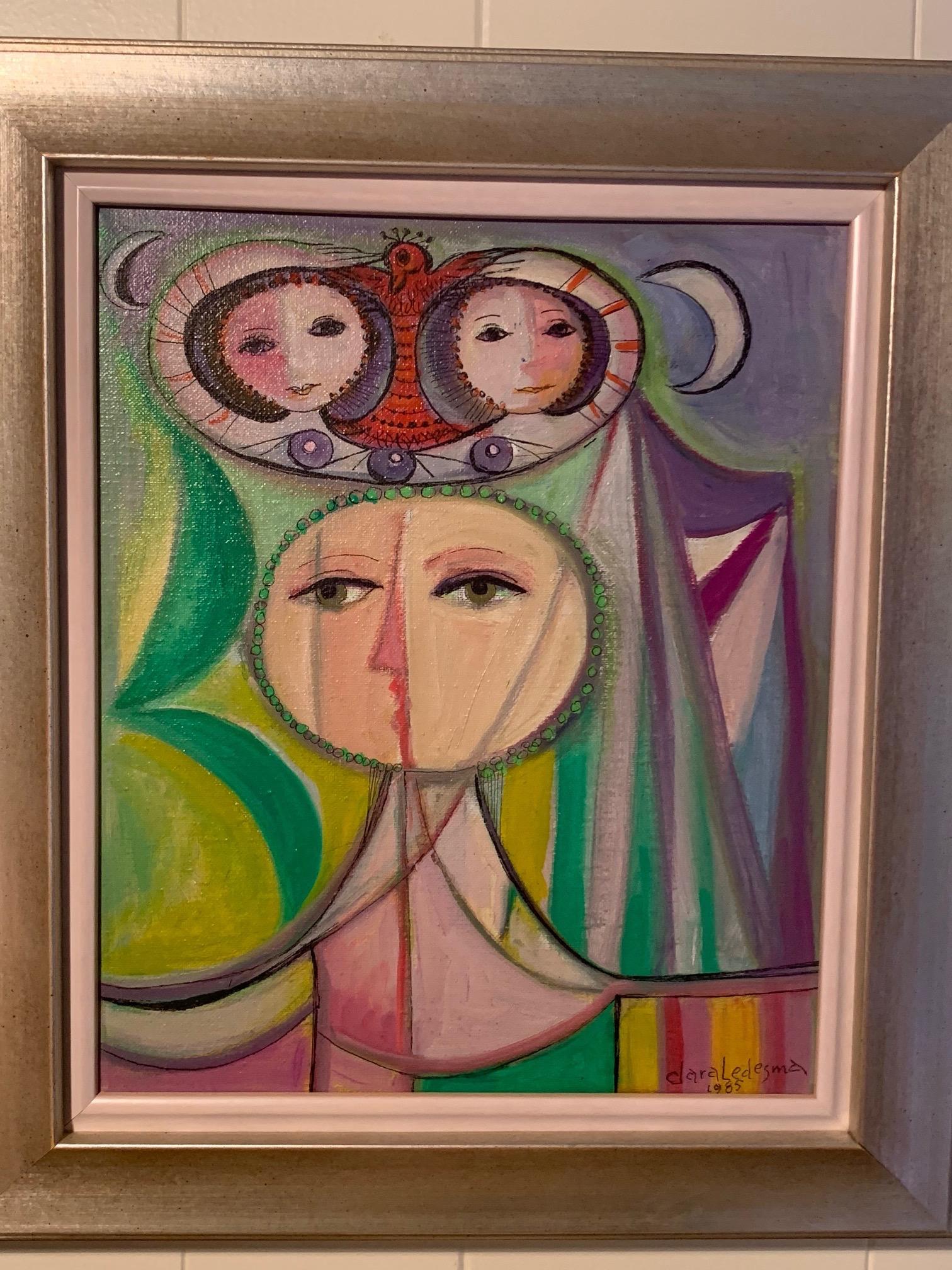Lovely original and signed 1985 oil painting by the highly regarded, New York City based Dominican painter Clara Ledesma (1924-1999). Clara Ledesma is considered one of the founders of the modernist school of Dominican painting.... her influences