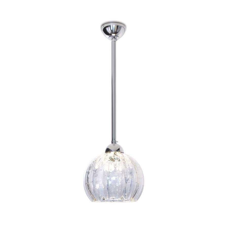 Handcrafted glass pendant
Clear glass with large ribs and bubbles
Polished chrome frame
1 x E27 Light fitting (Bulbs not included)
Measures: Ø 24cm, H 73cm.