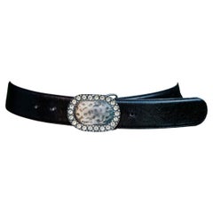 Clara Perri Black Leather Belt with Oval Crystal and Aged Silver Tone Buckle