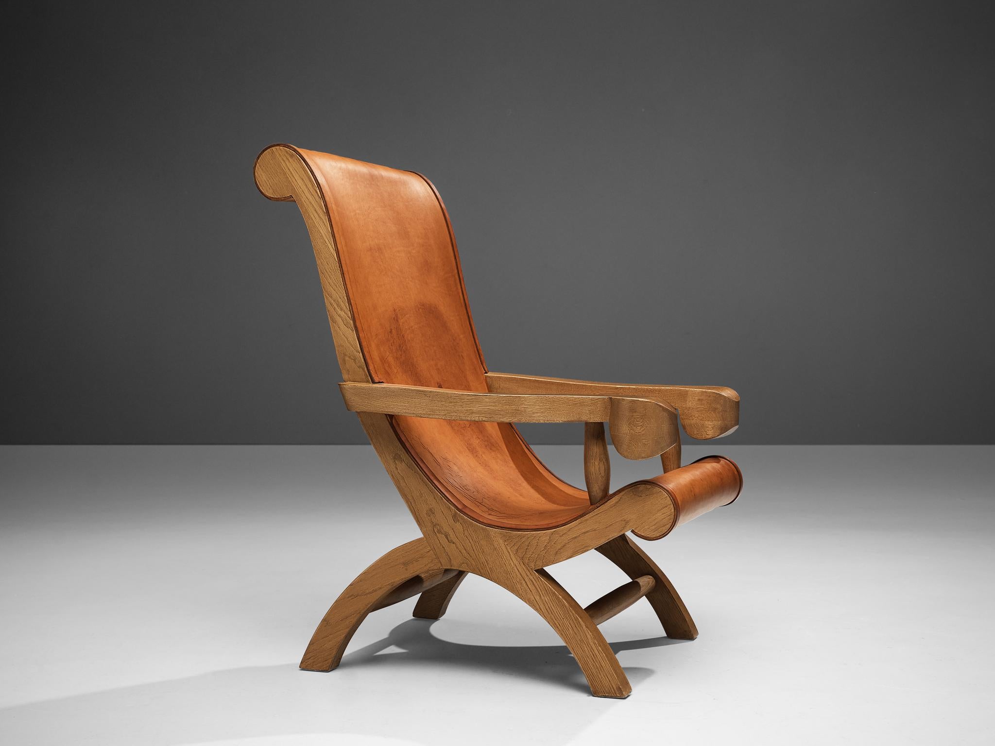 Mid-Century Modern Clara Porset 'Butaque' Armchair in Original Cognac Leather and Cypress Wood For Sale