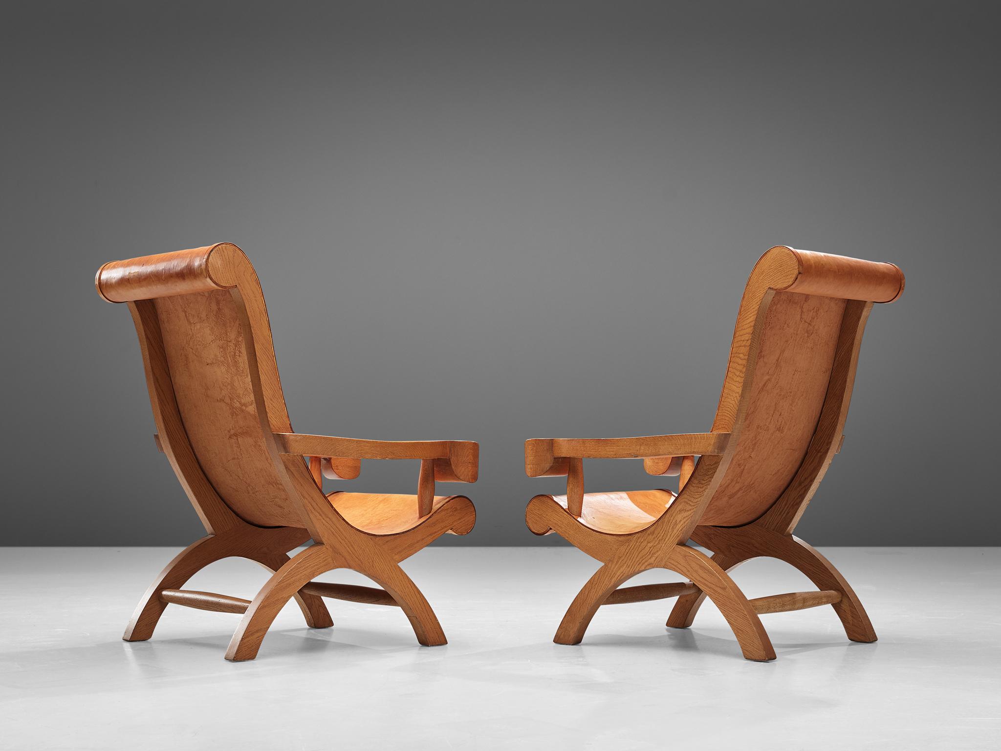 Mexican Clara Porset  'Butaque' Chairs in Cognac Leather