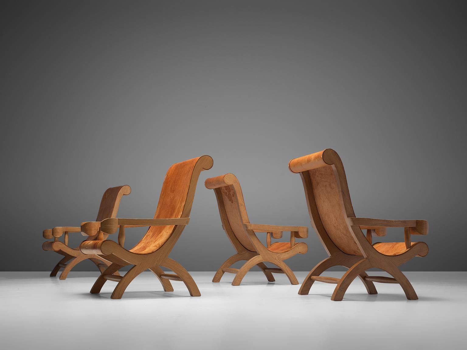 Mid-Century Modern Clara Porset Four Butaque Lounge Chairs in Cognac Leather