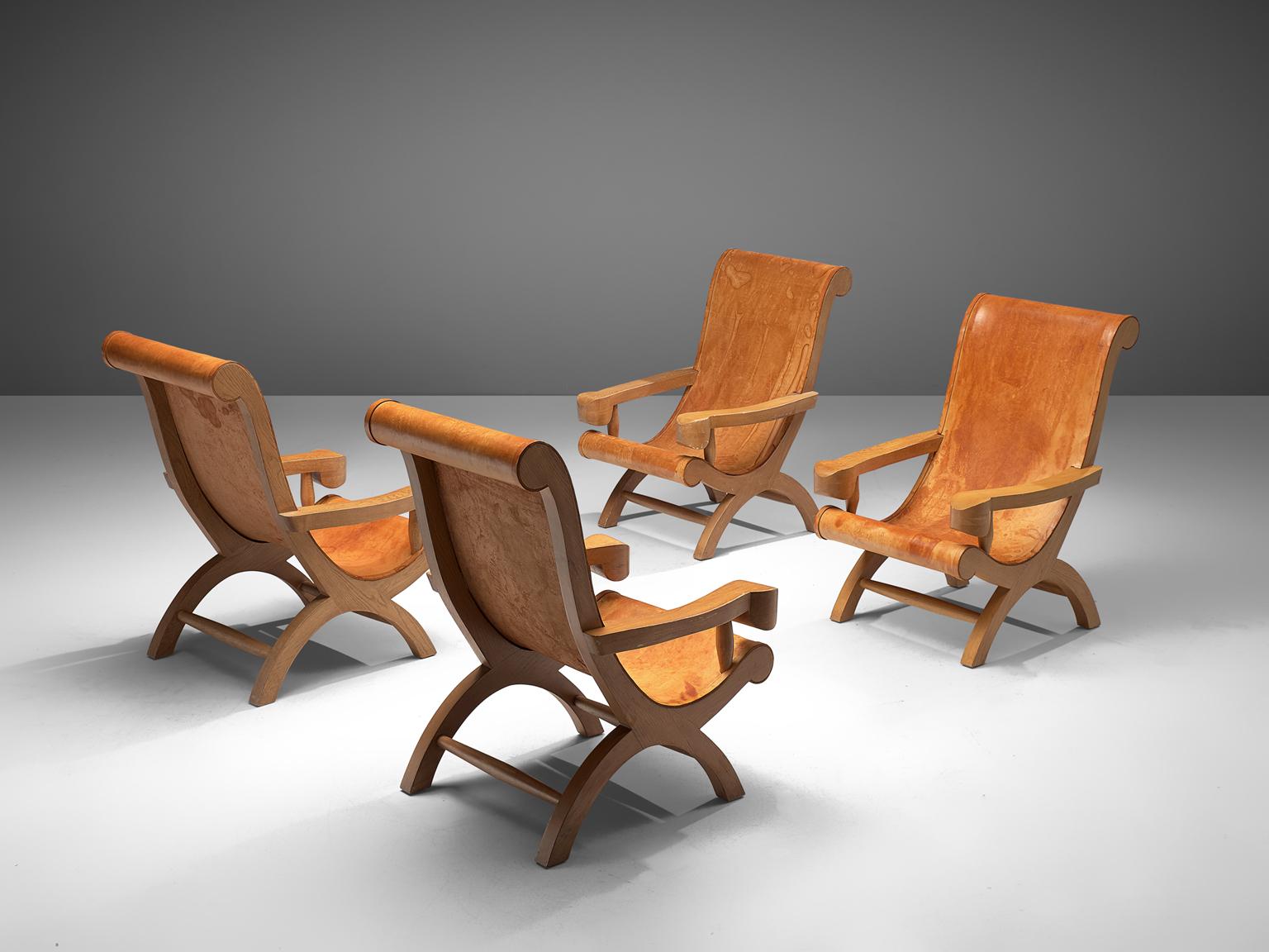 Mexican Clara Porset Four Butaque Lounge Chairs in Cognac Leather