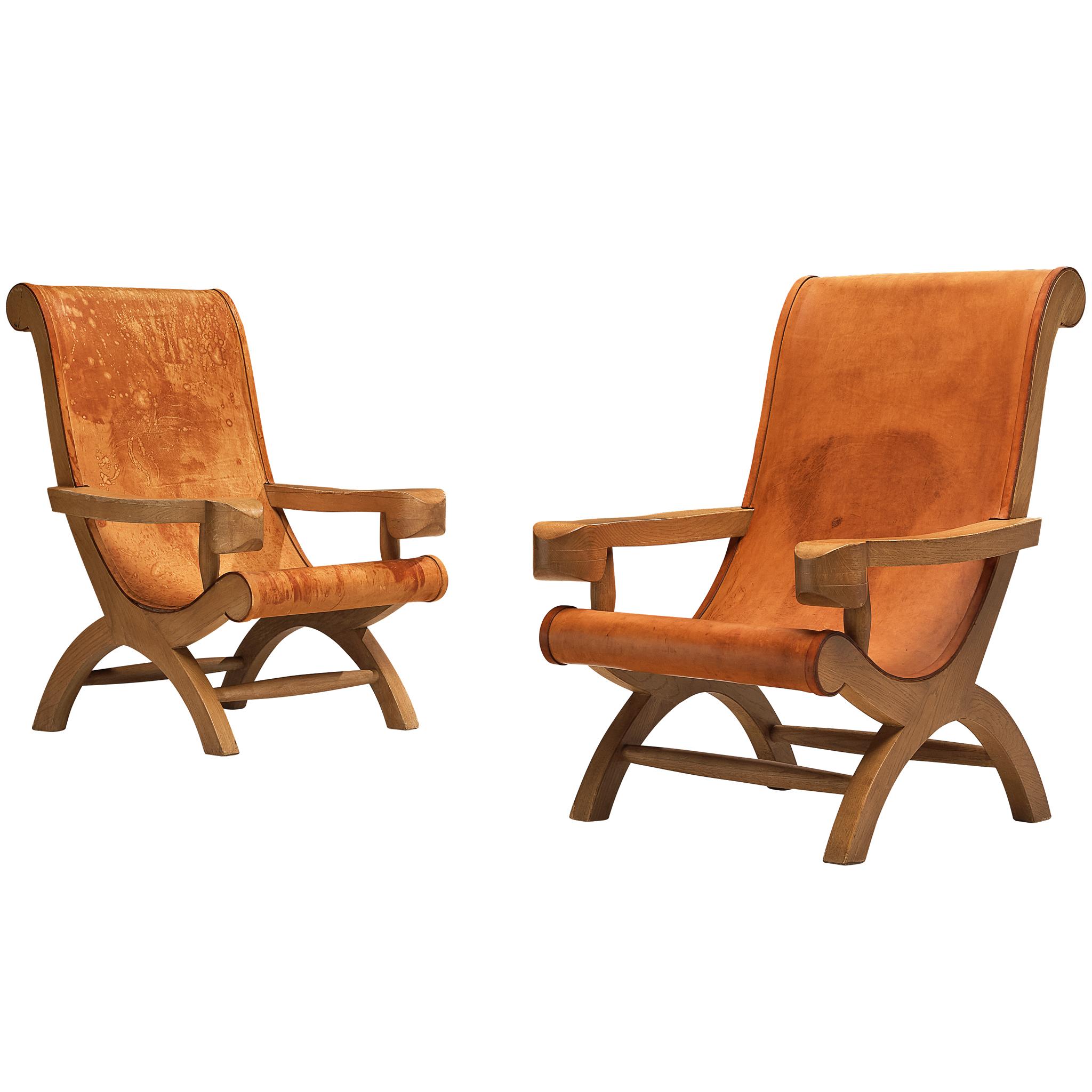 Clara Porset Lounge Chairs 'Butaque' in Original Patinated Leather For Sale