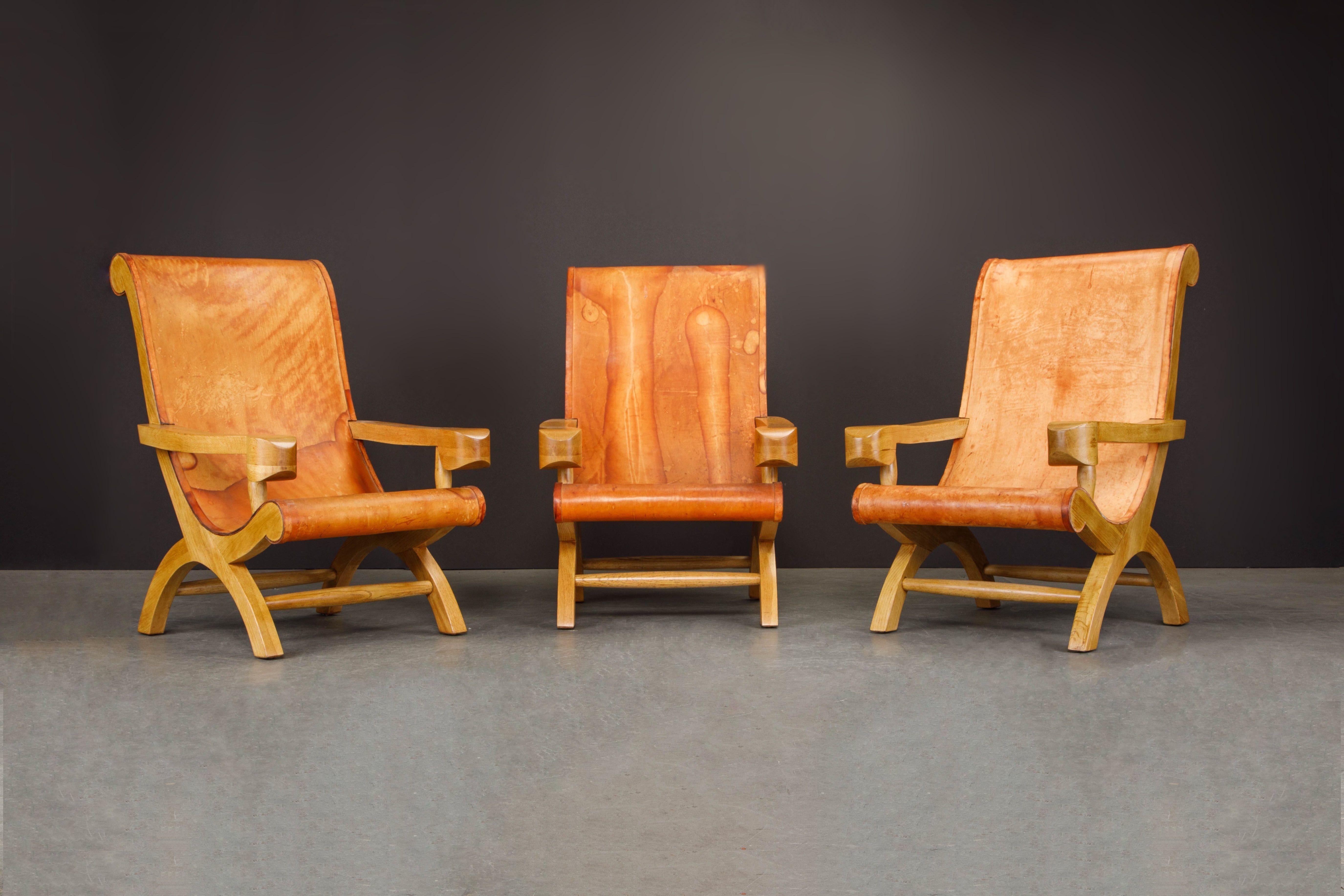 An incredible 'Butaque' armchair attributed to Clara Porset in gorgeous patinated leather and cypress wood, designed in 1947 Mexico. We have three chairs available, listed and priced individually. 

In the mid-1930s after moving to Mexico, Cuban