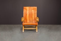 Clara Porset Patinated Leather and Cypress 'Butaque' Armchair, Mexico, c. 1947