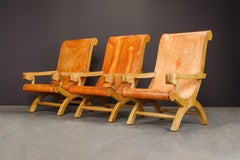 Clara Porset Patinated Leather and Cypress 'Butaque' Armchair, Mexico, c. 1947