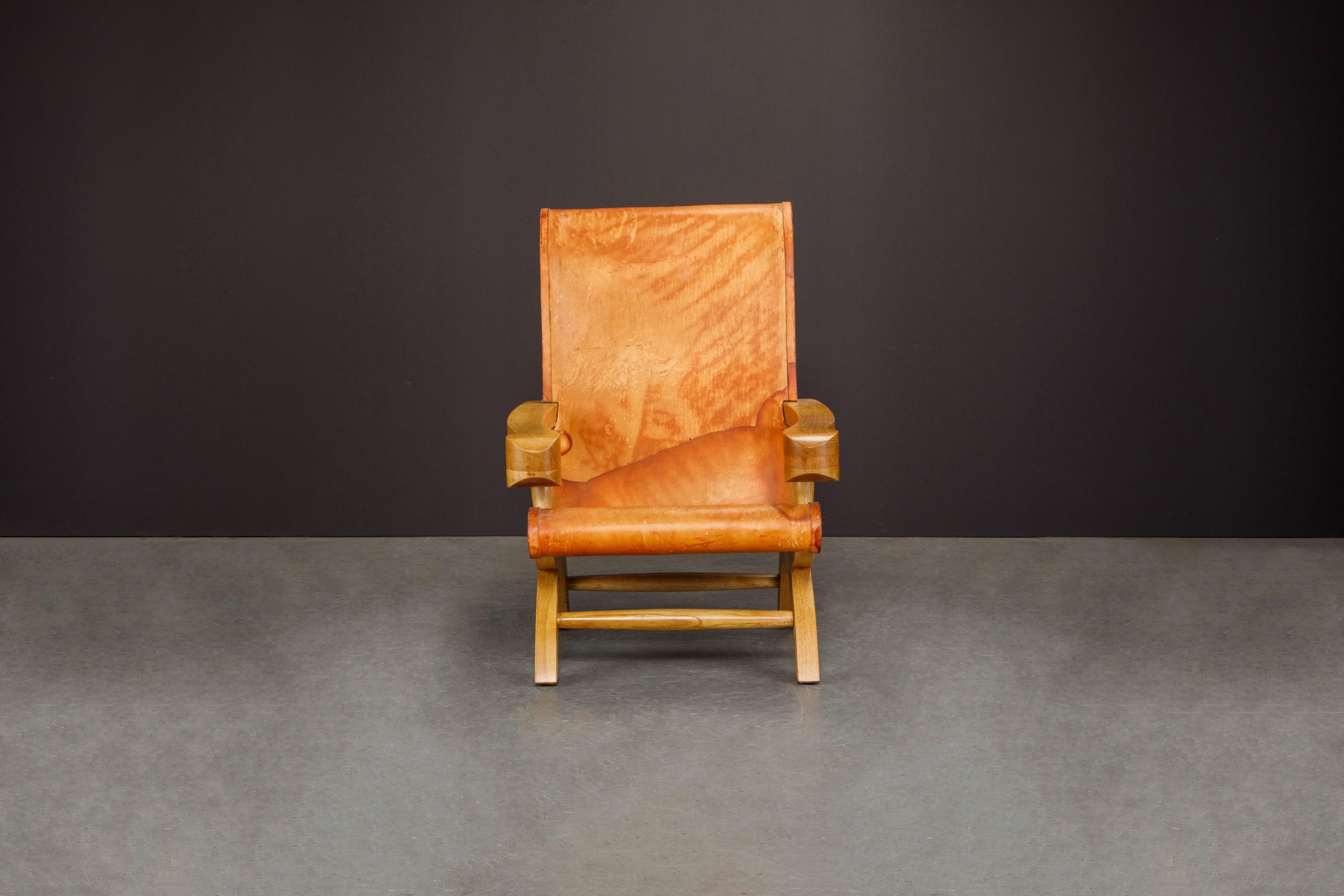 Mid-Century Modern Clara Porset Patinated Leather and Cypress 'Butaque' Armchair, Mexico, c. 1947 