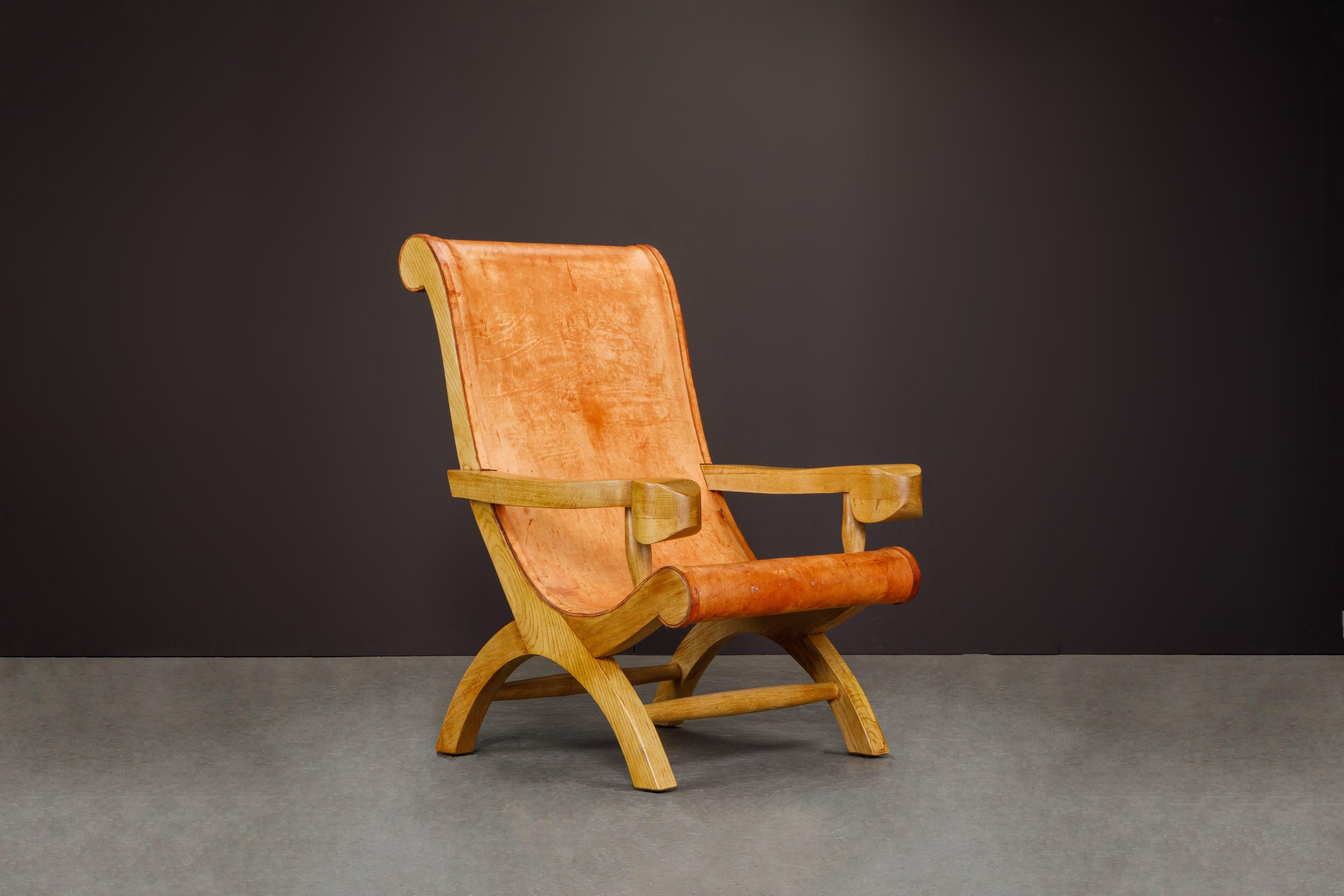 Mexican Clara Porset Patinated Leather and Cypress 'Butaque' Armchair, Mexico, c. 1947 