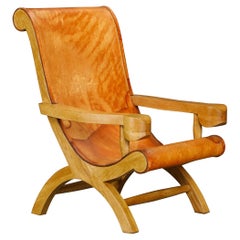 Clara Porset Patinated Leather and Cypress 'Butaque' Armchair, Mexico, c. 1947