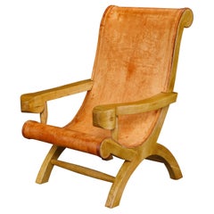 Clara Porset Patinated Leather and Cypress 'Butaque' Armchair, Mexico, c. 1947