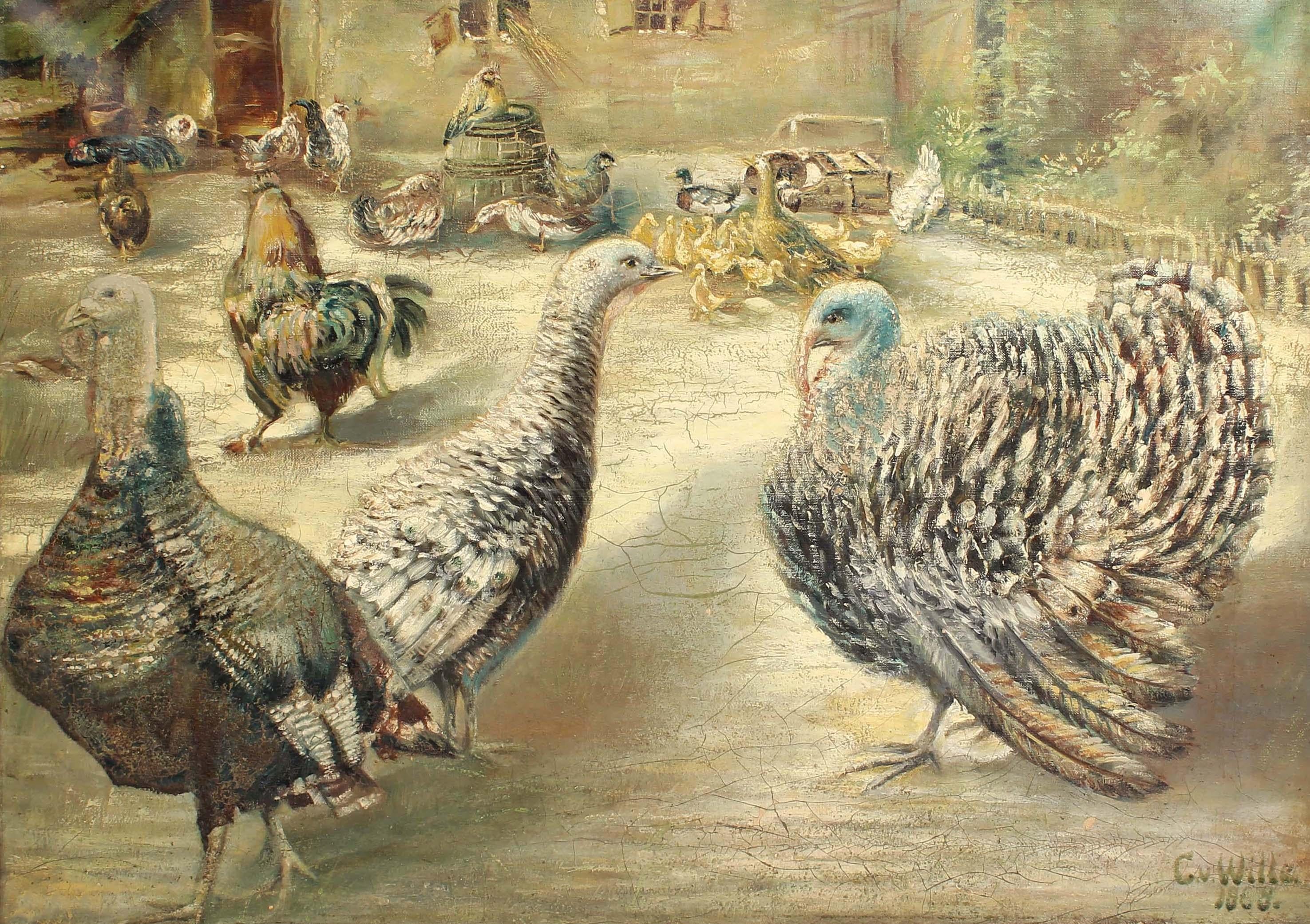 Peinture à l'huile ancienne de poulet de Turquie sauvage allemande - Ferme d'animaux par Von Wille 1868 - Painting de Clara Von Wille 
