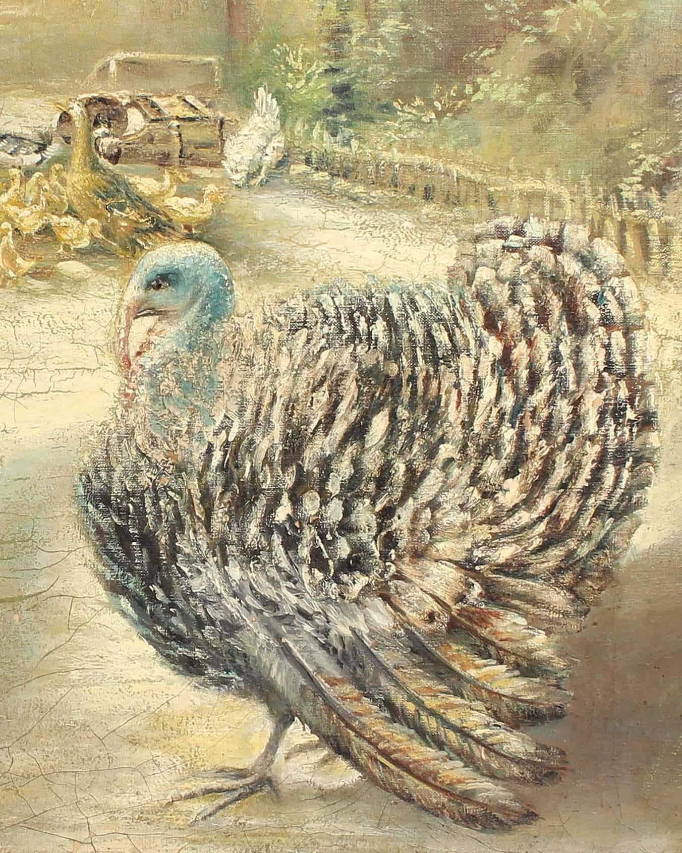 Pavo salvaje alemán Pollo Pintura al óleo Granja de animales Antiguo Von Wille 1868 - Painting Realista de Clara Von Wille 