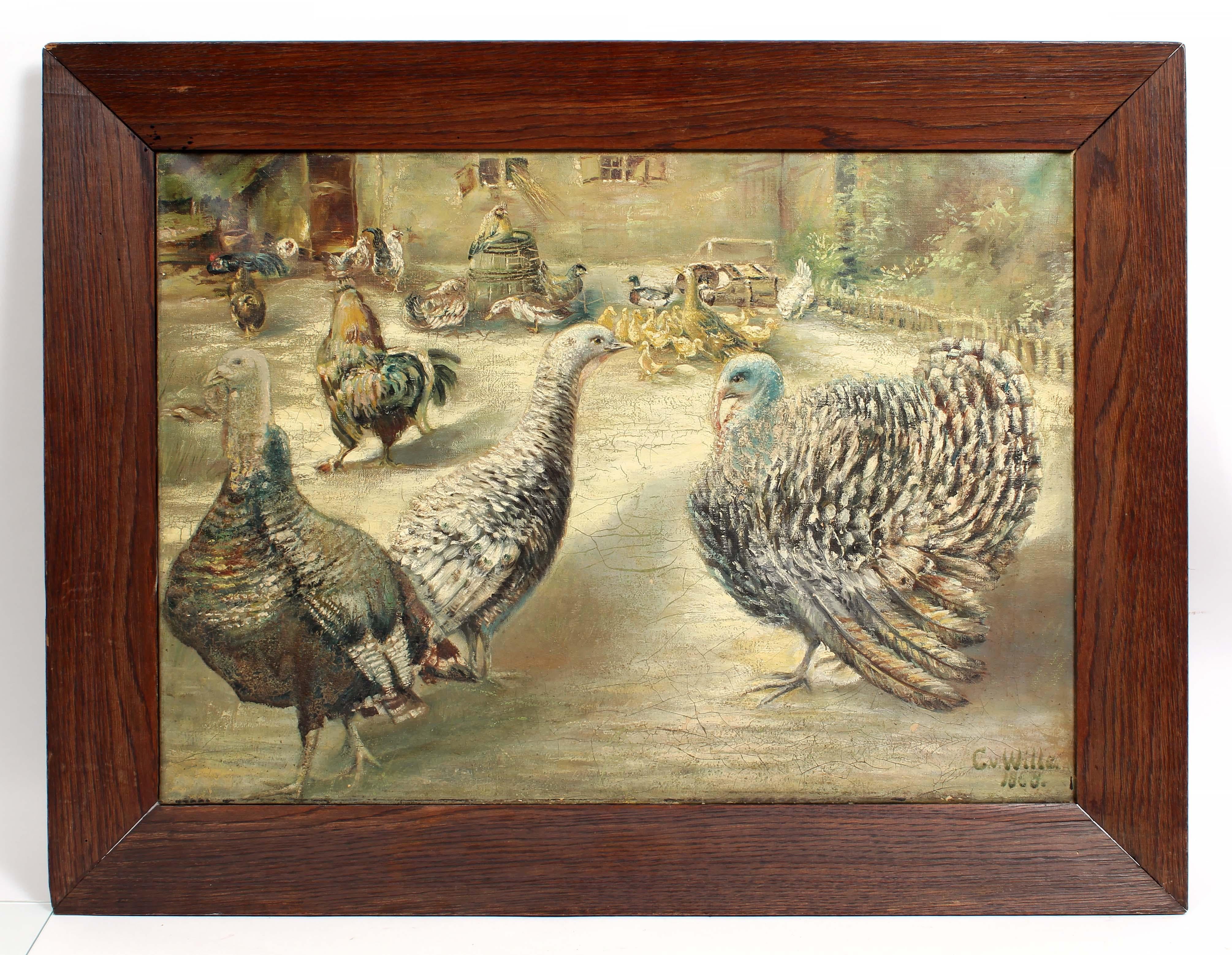 Peinture à l'huile ancienne de poulet de Turquie sauvage allemande - Ferme d'animaux par Von Wille 1868