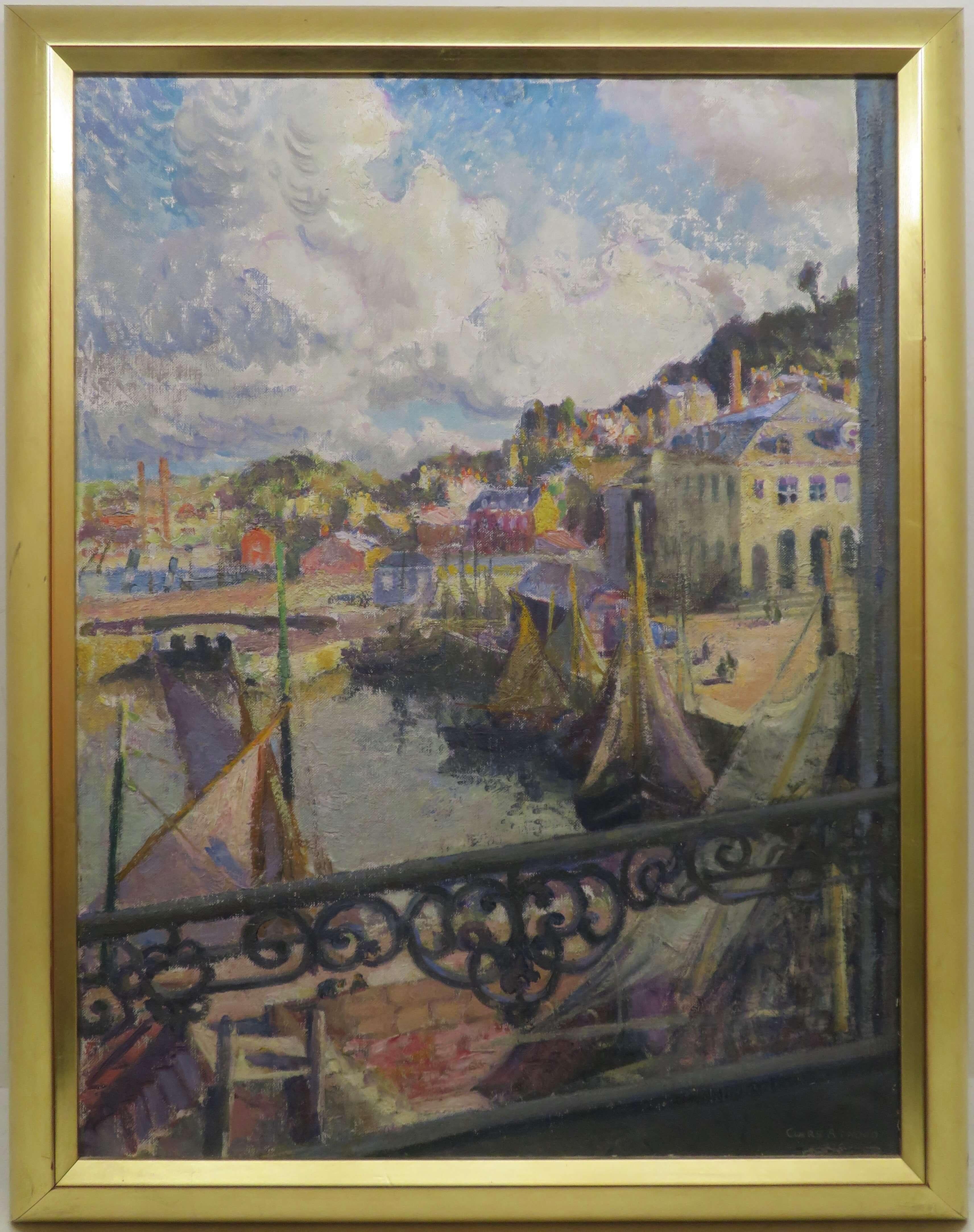 Impressionist Ölgemälde HARBOUR SCENE NORTHERN FRANKREICH von Clare Atwood NEAC