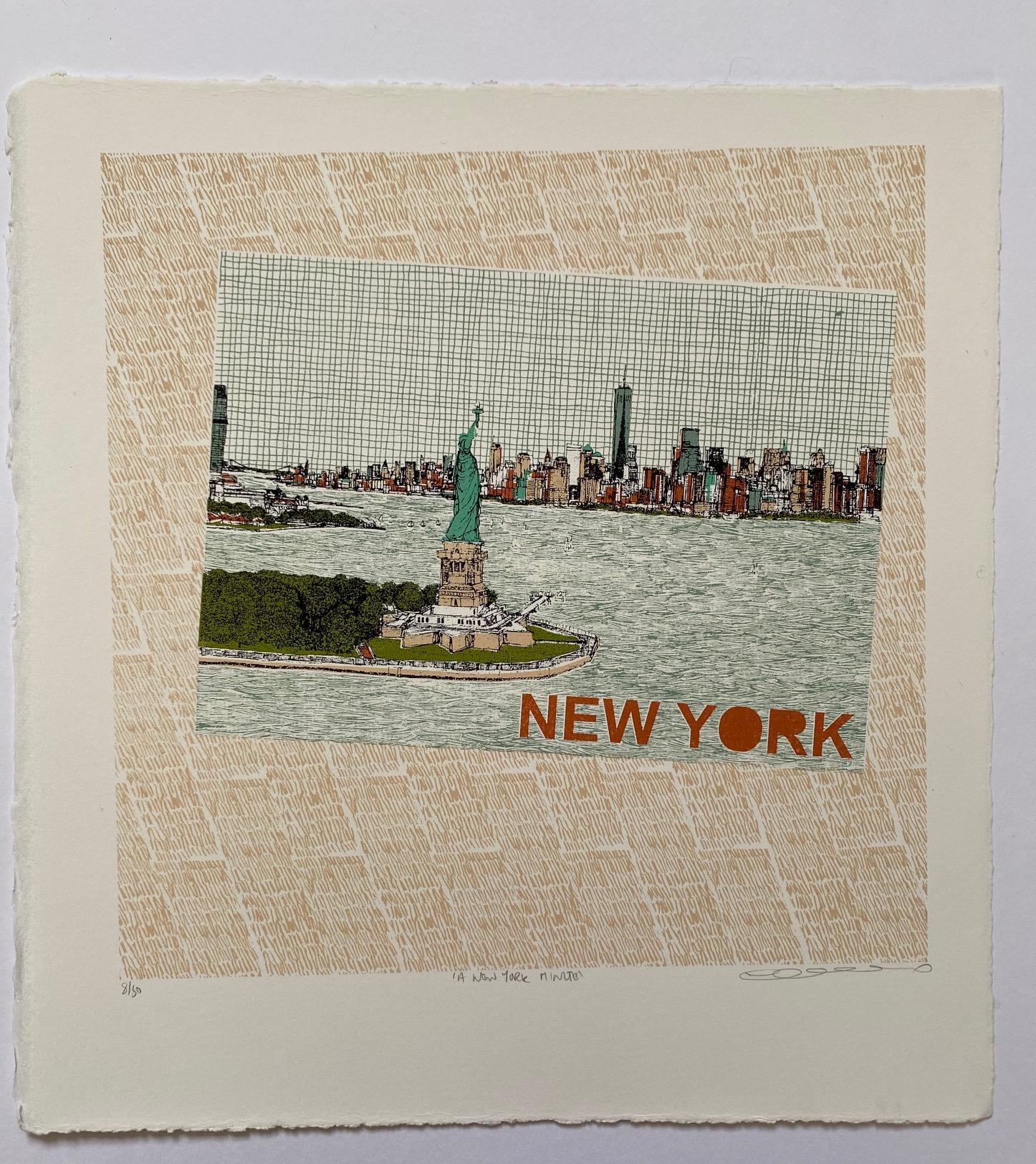 A New York Minute, Druck in limitierter Auflage, Stadtansichtskunst, Siebdruck (Braun), Figurative Print, von Clare Halifax