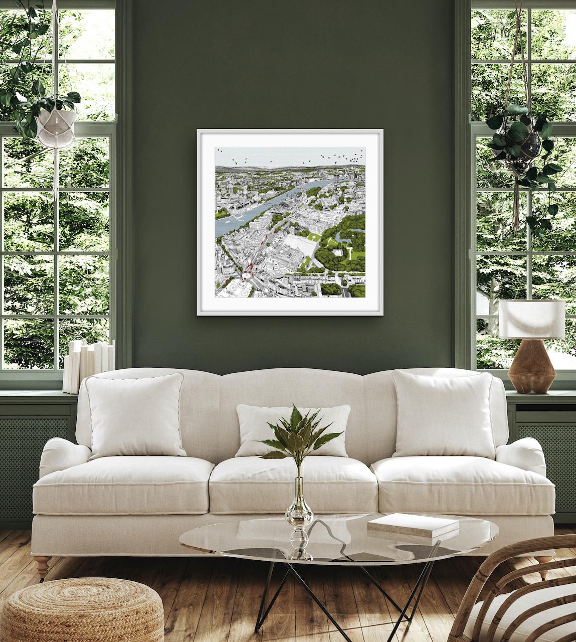 Alrededor de Londres, serigrafía de paisaje urbano de edición limitada, arte británico - Print de Clare Halifax