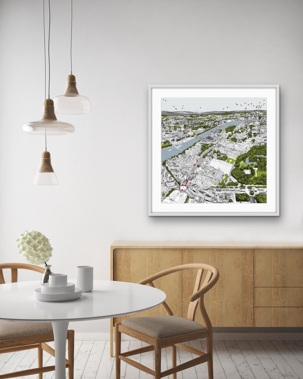 Alrededor de Londres, serigrafía de paisaje urbano de edición limitada, arte británico - Landscape Print Gris de Clare Halifax
