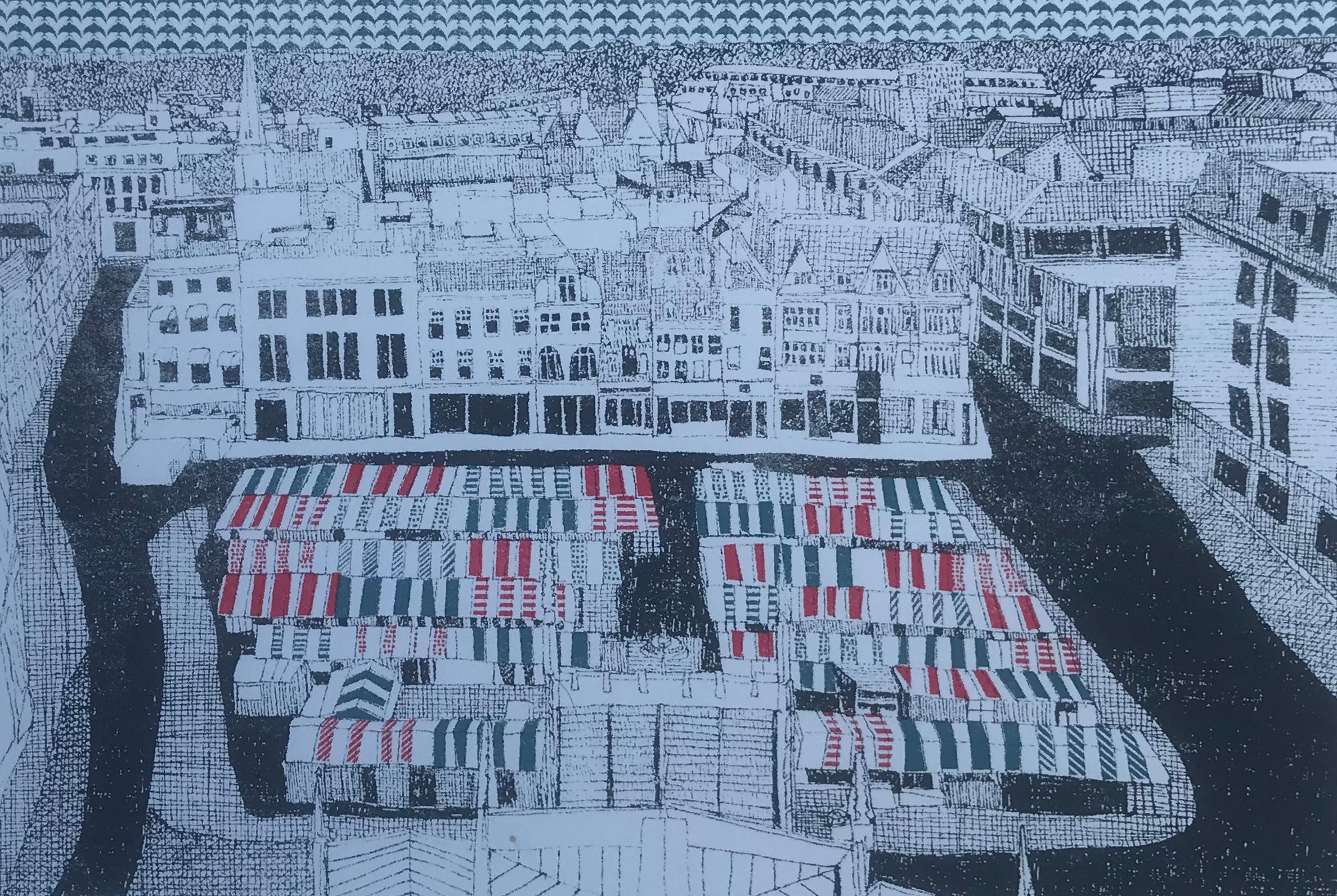 Cambridge Market by Clare Halifax
Limited Edition and hand signed by the artist 
Silkscreen Print on Paper
Edition of 75
Image Size: H 12cm x W 25cm
Sheet Size: H 22cm x W 31cm
Signed
Sold Unframed

Please note that any insitu images are purely an