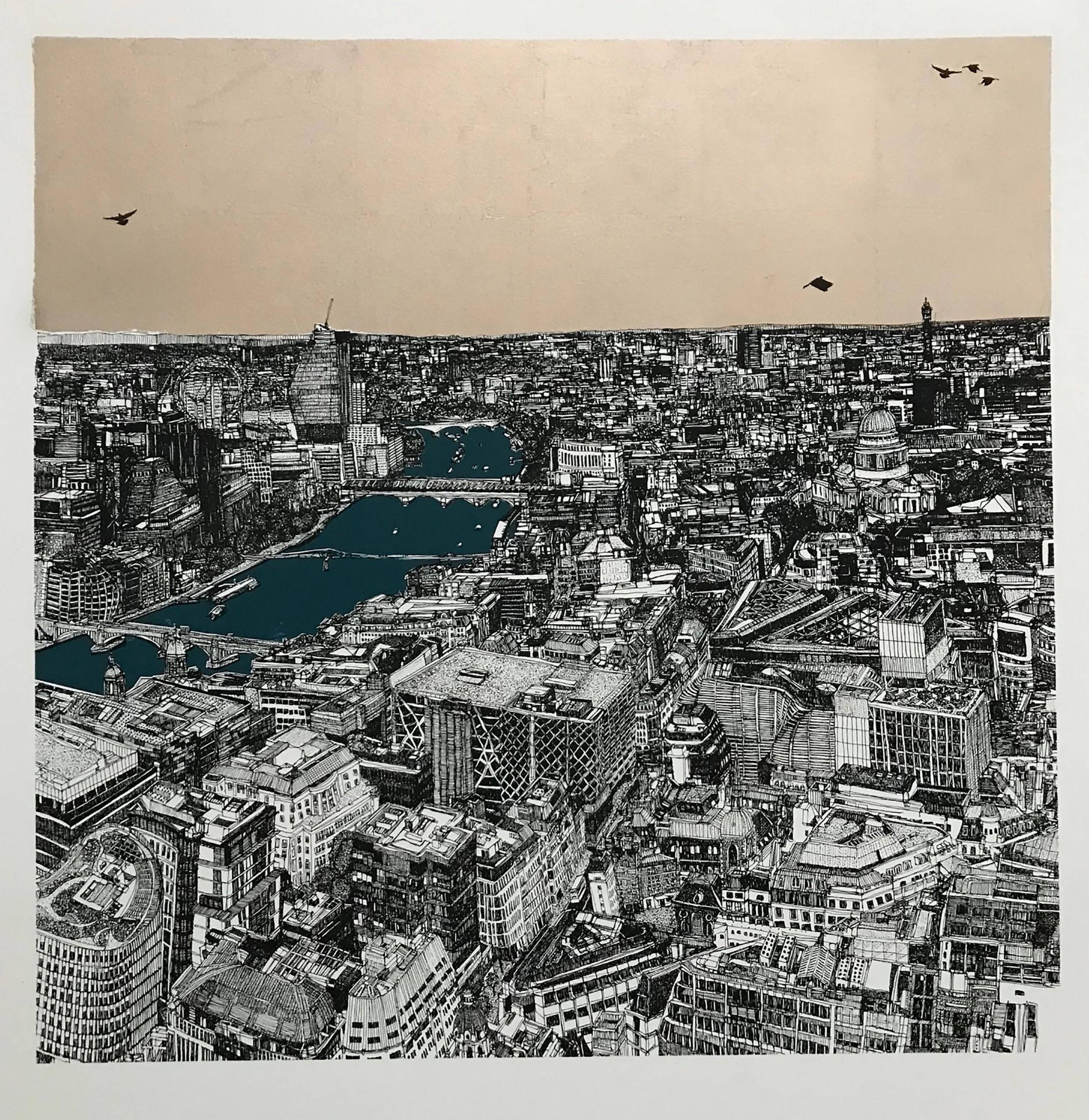 Champagne City, Tamigi blu ardesia, Stampa di Clare Halifax