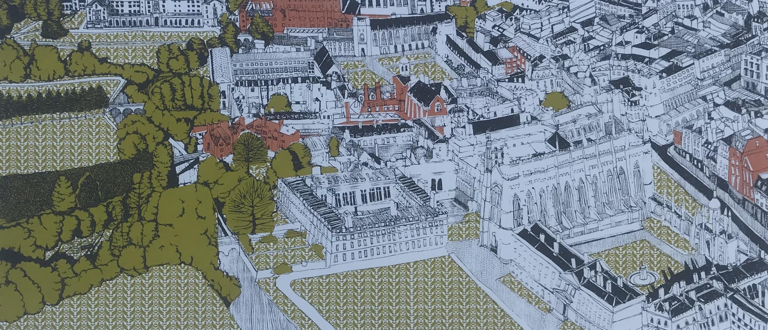 Clare Halifax, Aerial View of Cambridge, Limited Edition Print, City Scape Art For Sale 9