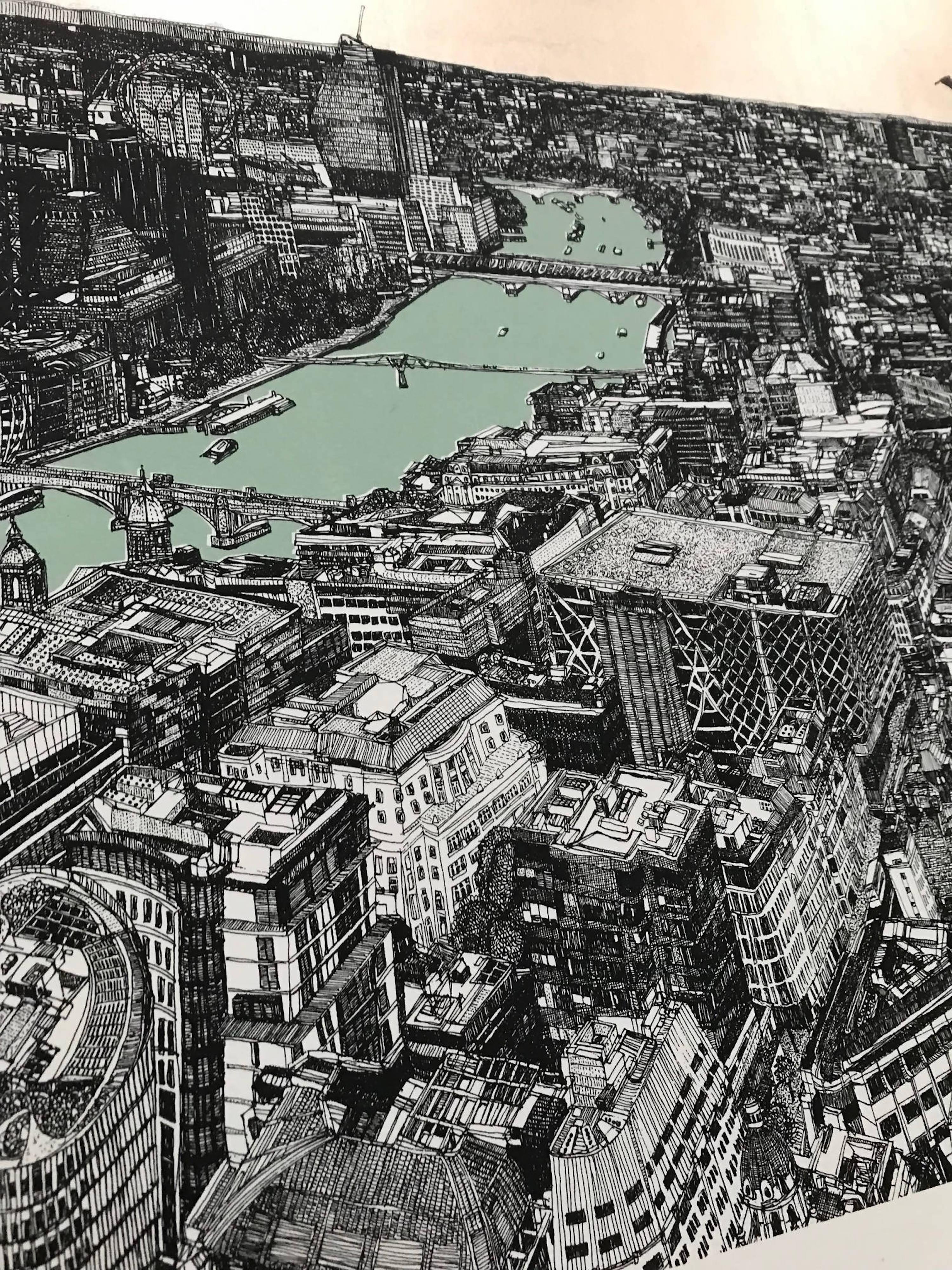Clare Halifax, Ciudad de Champán, Aqua Támesis, Paisaje urbano contemporáneo Arte londinense en venta 1
