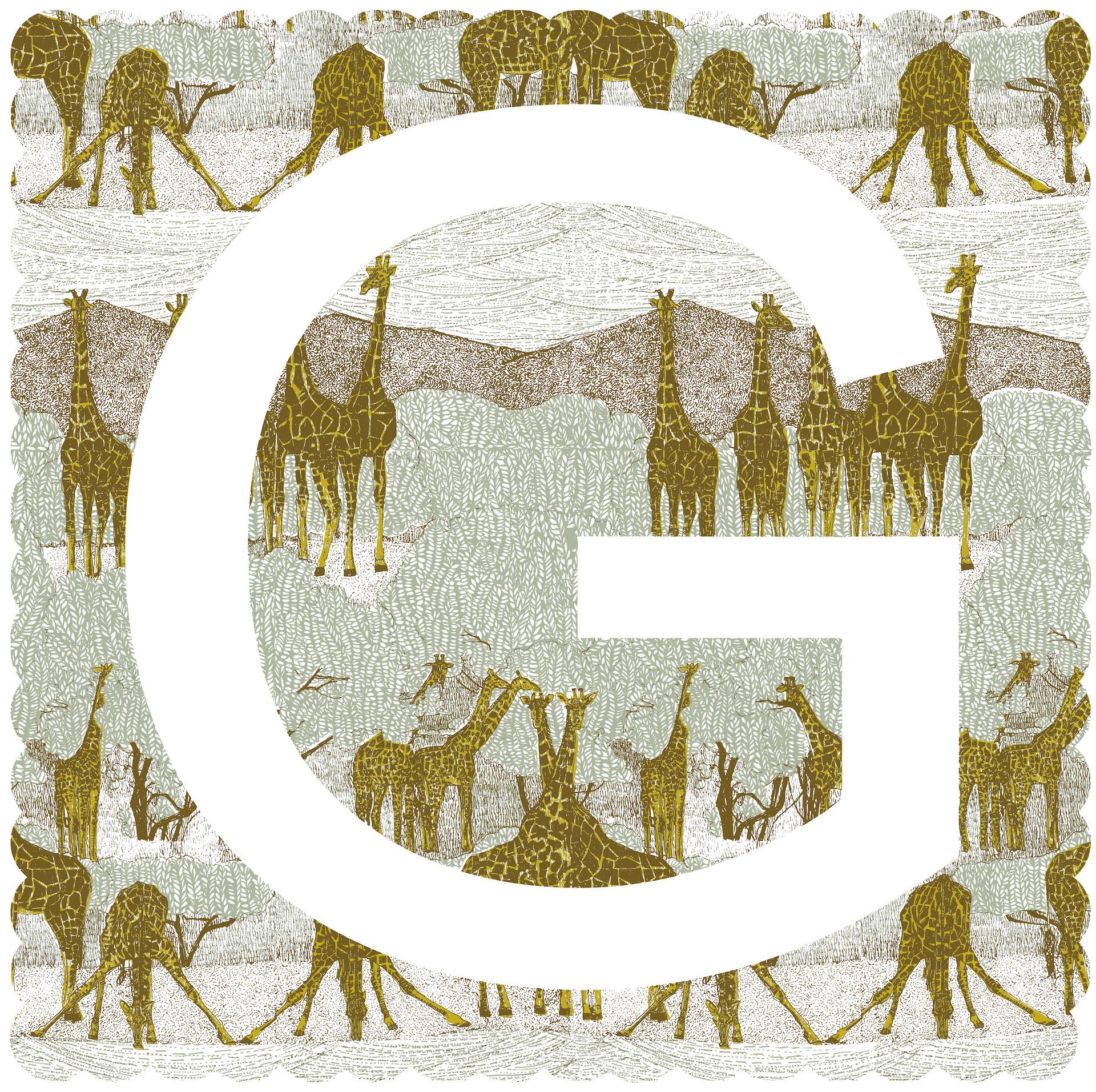 Clare Halifax, G is for Giraffe, Art en édition limitée, Stamp Art, Art animalier